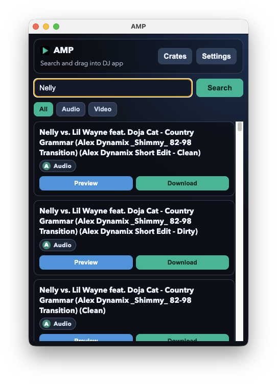 AMP search screen